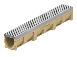 Kanał z polimerbetonu ACO Drain® Multiline V100 z krawędzią ze stali nierdzewnej i rusztem w podłużne mostki. 