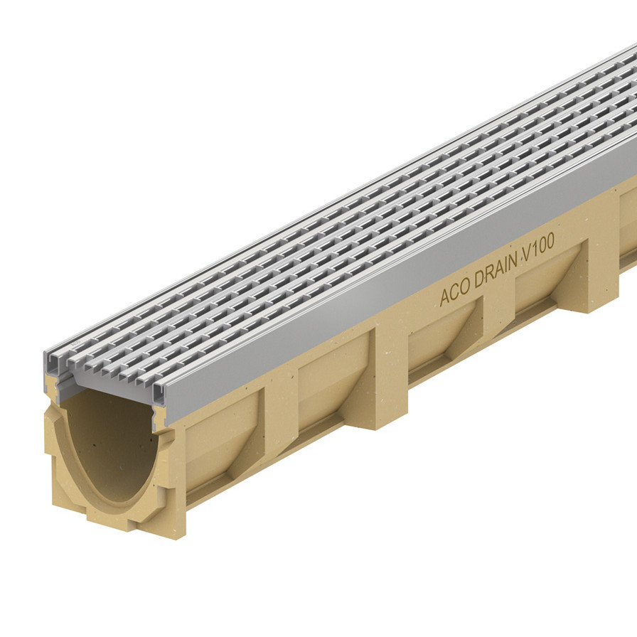 Kanał z polimerbetonu ACO Drain® Multiline V100 z krawędzią ze stali nierdzewnej i rusztem w podłużne mostki.