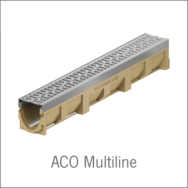 Odwodnienia liniowe ACO Multiline to kanały z polimerbetonu z krawędzią ze stali ocynkowanej, stali nierdzewnej oraz żeliwnej.